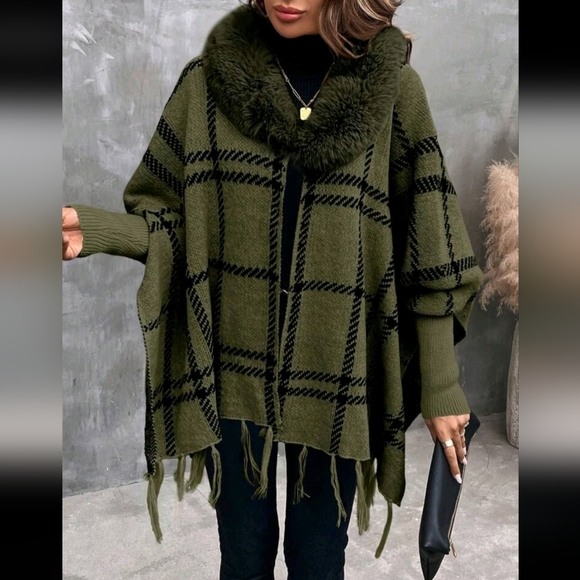 Comfy Faux Vegan Fur Plaid Fringe Cuff Sleeve Shawl Sweater Cardigan - Picture 12 of 12
